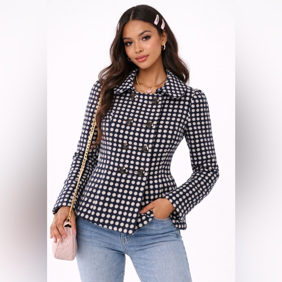 Juicy Couture Jackets & Blazers - Juicy Couture Y2K Navy Cream Wool Blend Polka Dot Peacoat Cropped Preppy Small